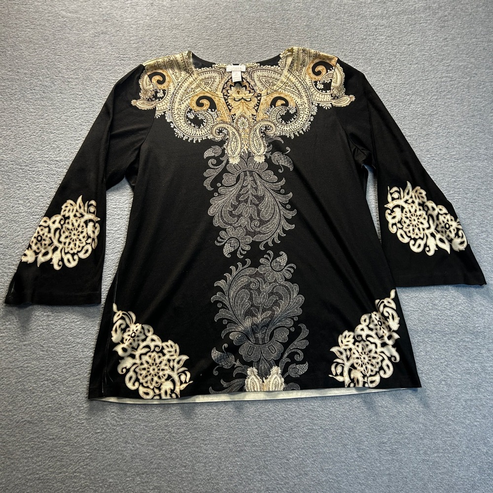 Chicos‎ Boho 3/4 Sleeve Womens Size 2 Embellished Paisley Tunic Top Black